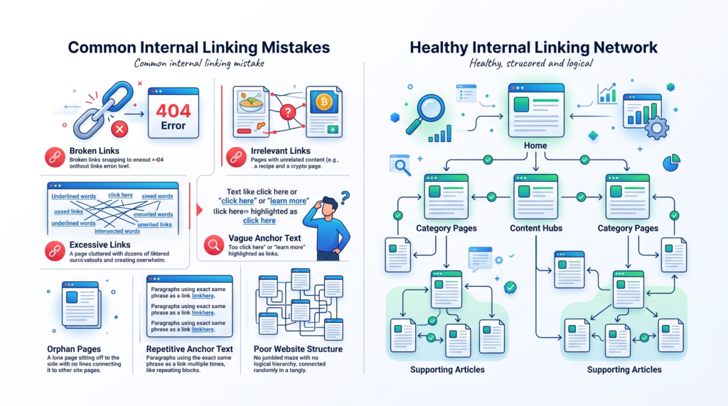 Common internal linking mistakes including broken irrelevant and excessive links