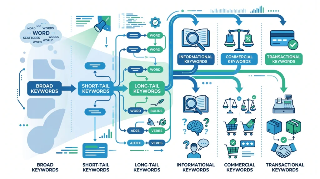 Main types of SEO keywords from broad terms to long-tail keywords