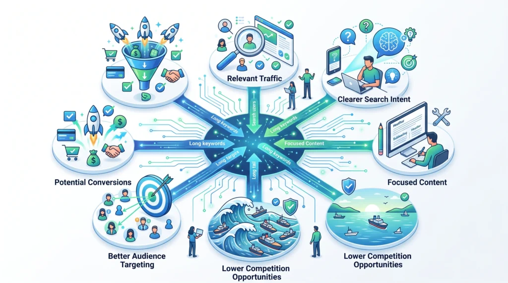 Benefits of long-tail keywords including relevance specific intent and targeted SEO traffic