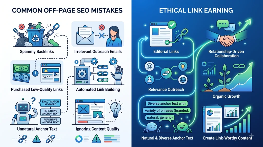 Common off-page SEO mistakes including spammy backlinks irrelevant outreach and artificial link building