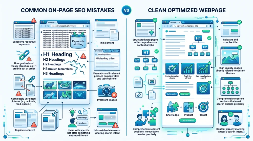 Common on-page SEO mistakes including keyword stuffing poor headings and irrelevant content