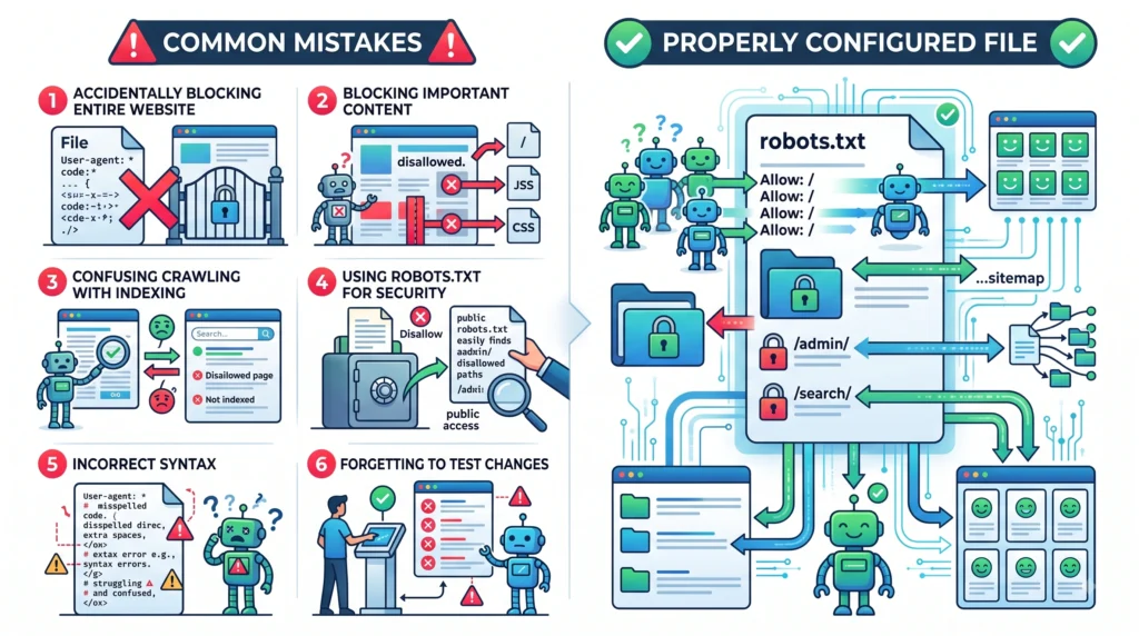 Common robots.txt mistakes including accidentally blocking important pages