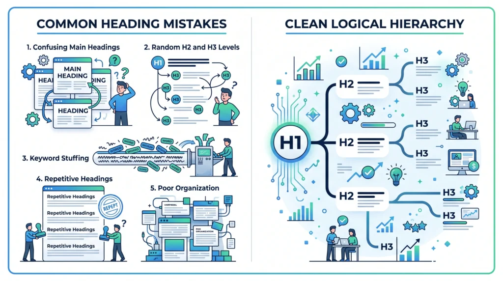Common SEO heading mistakes including poor hierarchy and excessive keyword use