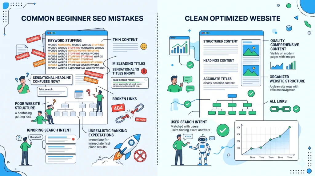Common SEO mistakes beginners should avoid including keyword stuffing and poor content