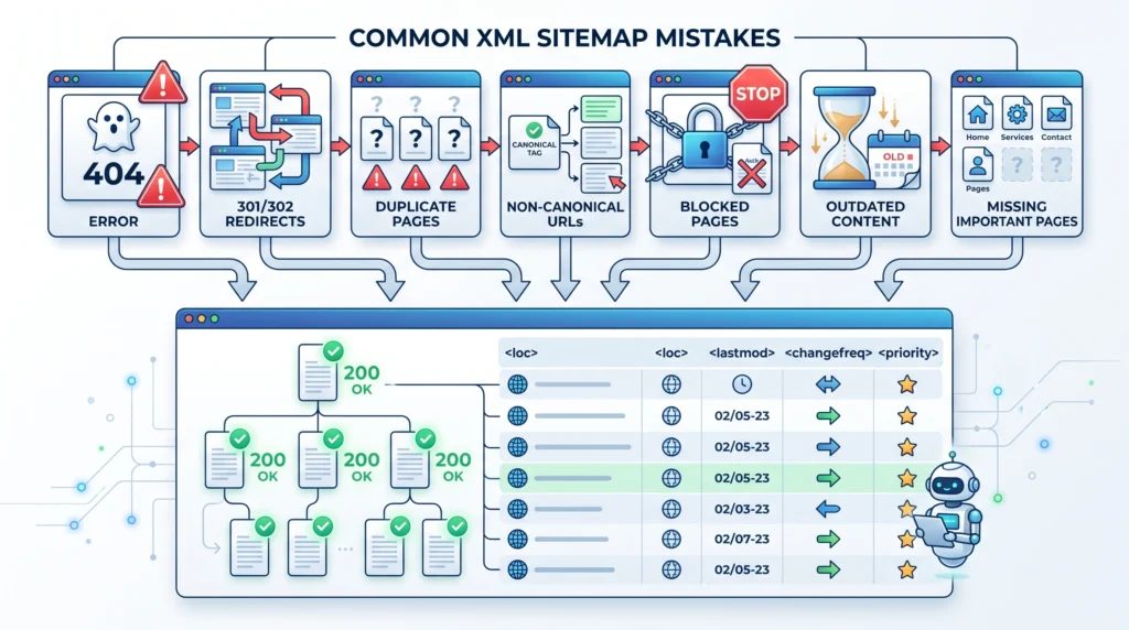 Common XML sitemap mistakes including broken URLs redirects duplicates and blocked pages