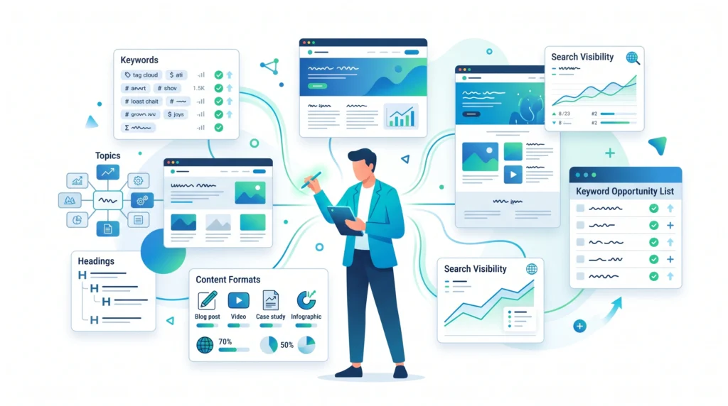 Competitor keyword research showing SEO pages topics and ranking opportunities