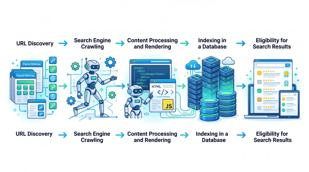 Step-by-step process showing discovery crawling processing indexing and search results