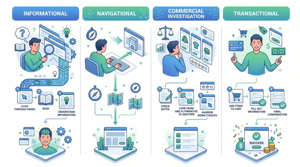 Four types of search intent informational navigational commercial and transactional