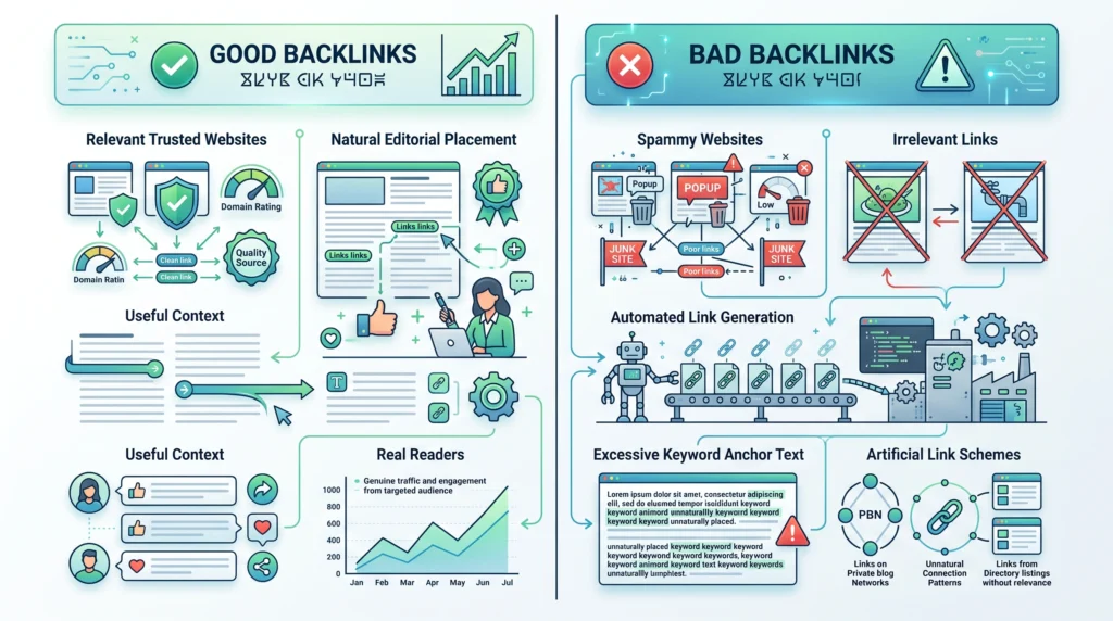 Comparison between good high quality backlinks and bad low quality backlinks