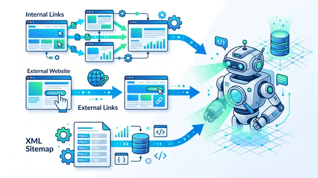 Search engines discovering webpages through internal links external links and XML sitemaps