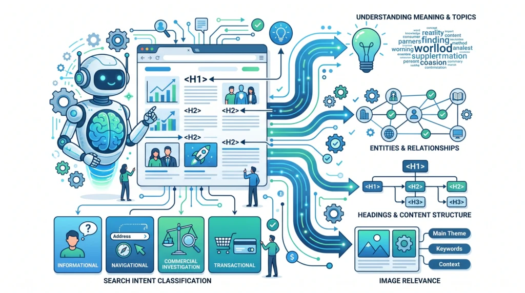 Search engine understanding webpage content topics entities and search intent