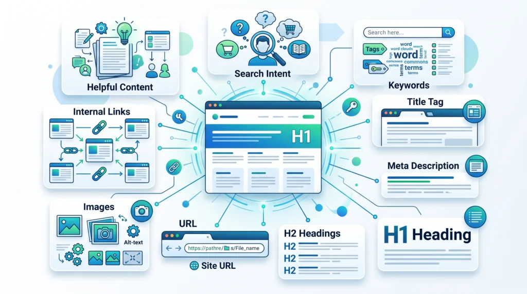 Important on-page SEO elements organized around an optimized webpage