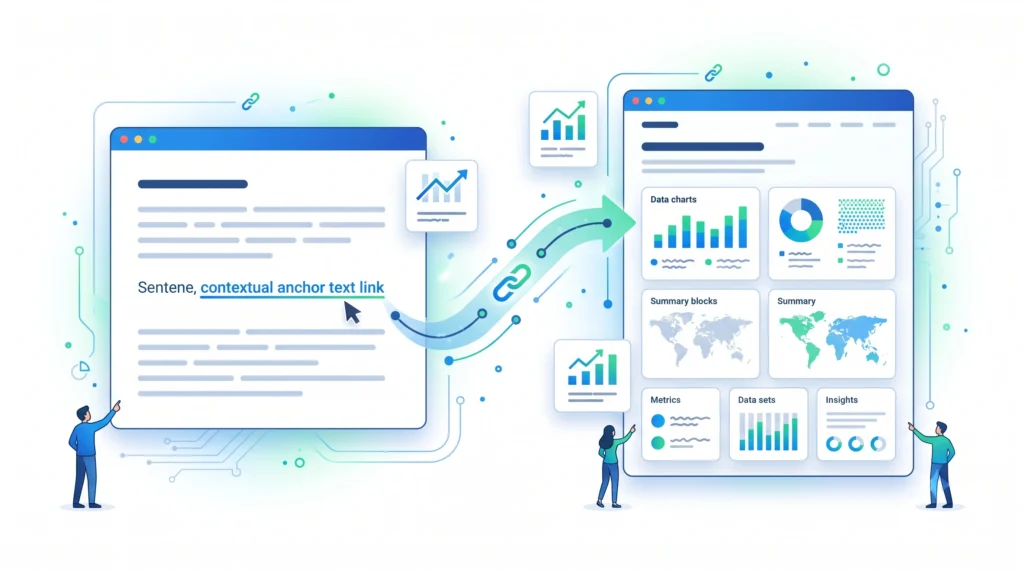 Internal link anchor text connecting relevant SEO articles
