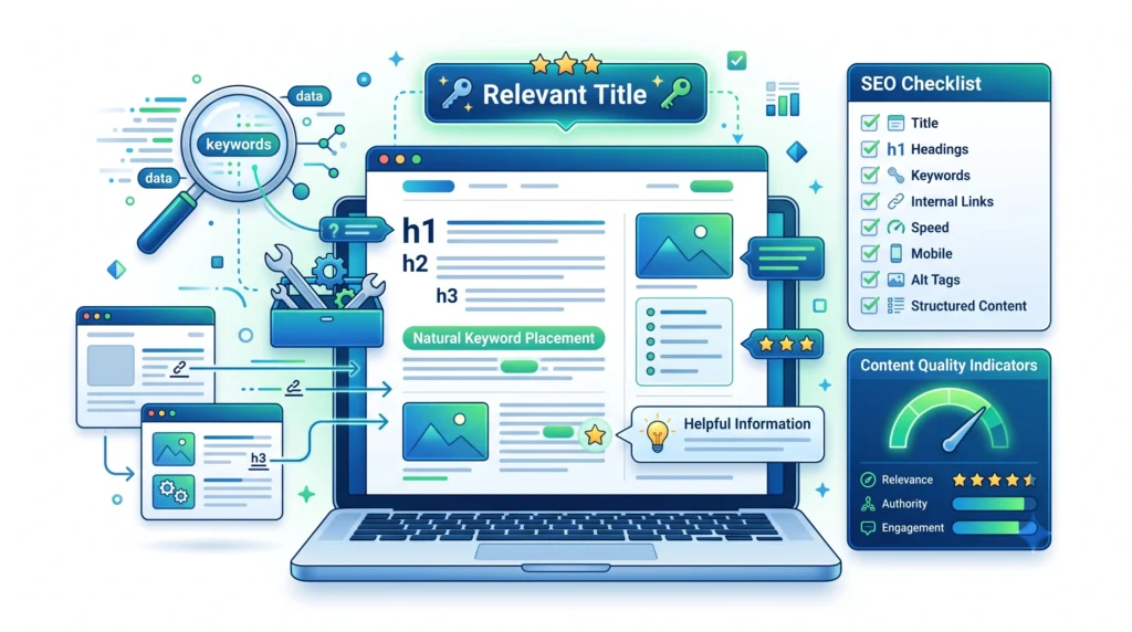 SEO content optimization using keywords headings internal links and helpful information