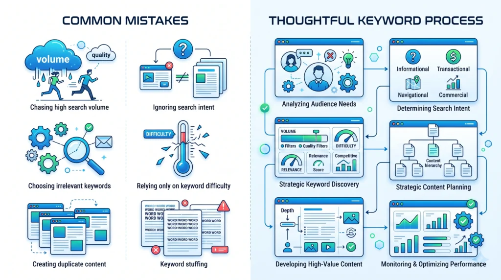 Common keyword research mistakes including ignoring search intent and choosing irrelevant keywords