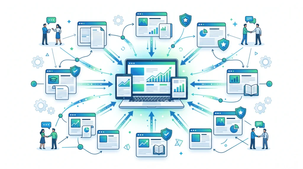 Link building strategy showing relevant websites naturally linking to a central website