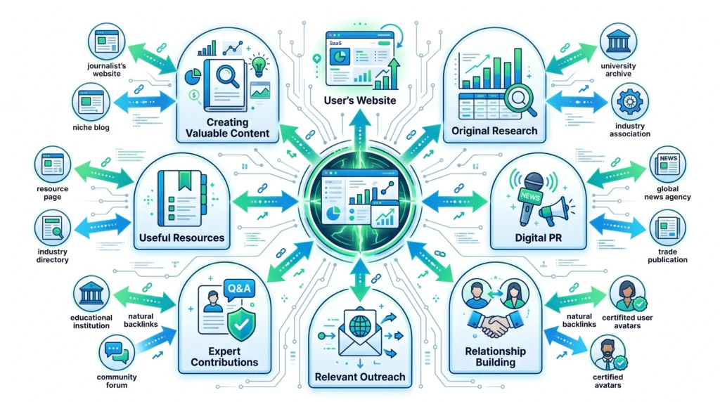 Popular ethical link building strategies including content digital PR outreach and resource creation