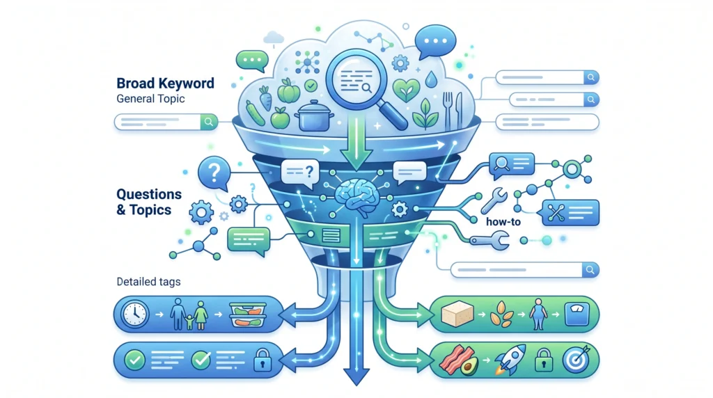 Long-tail keyword research showing specific SEO search phrases