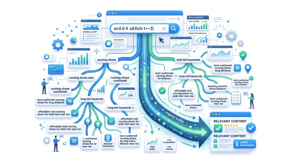 Long-tail keywords showing specific search phrases and SEO targeting