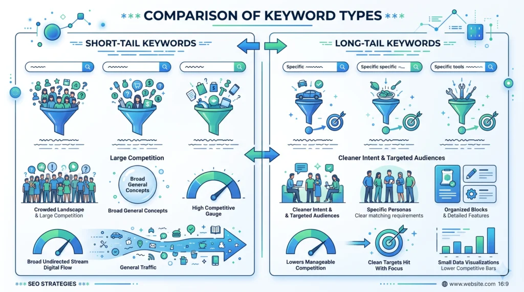 Comparison of long-tail and short-tail keywords for SEO