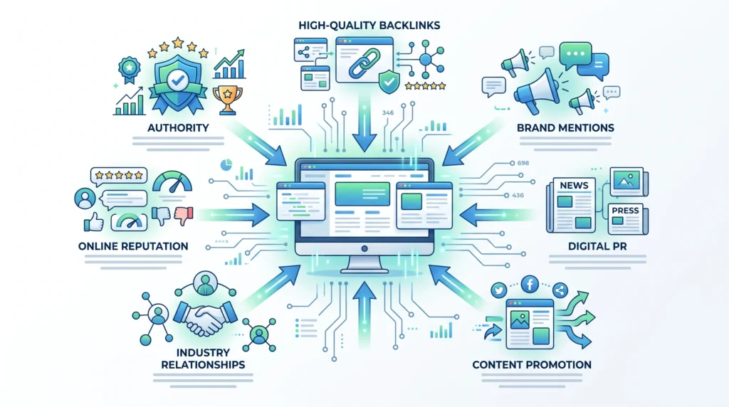 Main components of off-page SEO including backlinks brand mentions digital PR and authority