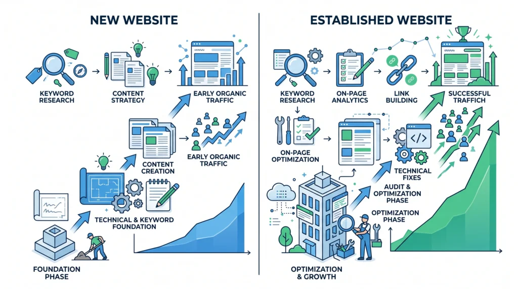Comparison of SEO growth for new and established websites