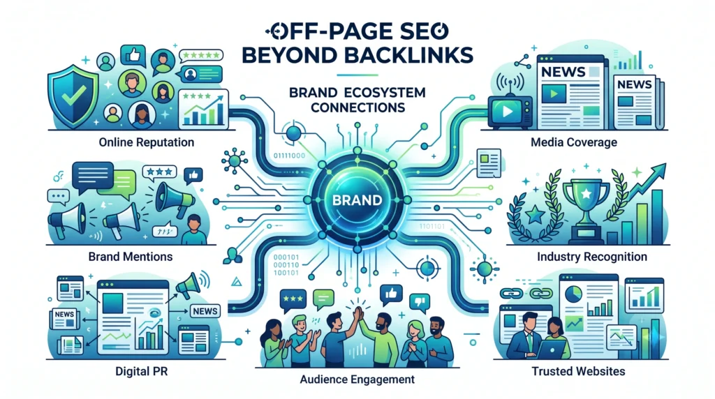 Off-page SEO beyond backlinks including brand awareness reputation mentions and digital PR