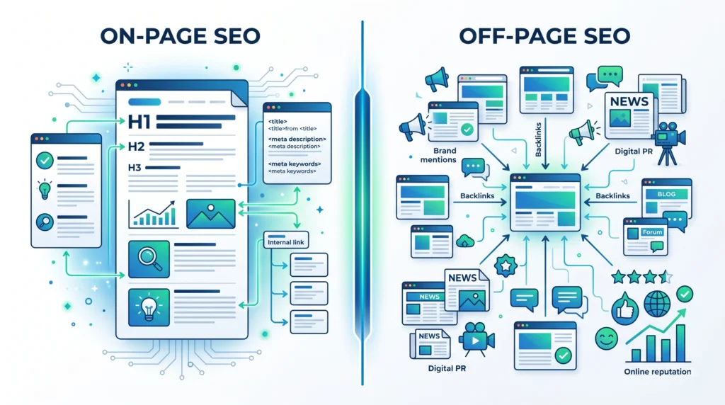 Comparison between on-page SEO activities and off-page SEO activities
