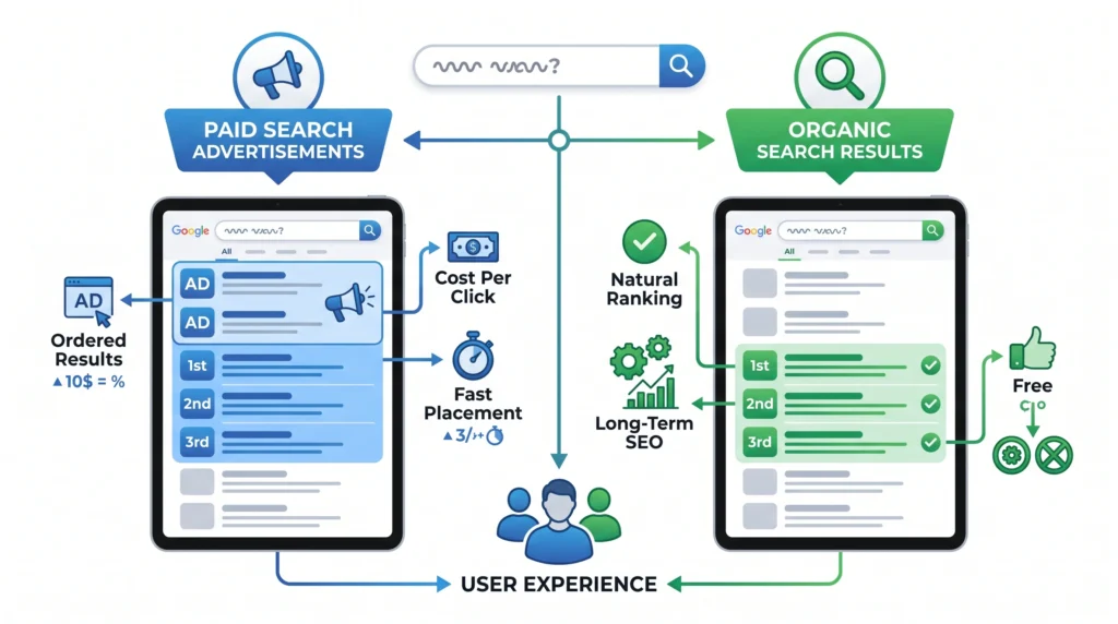 Comparison of organic search results and paid search advertisements