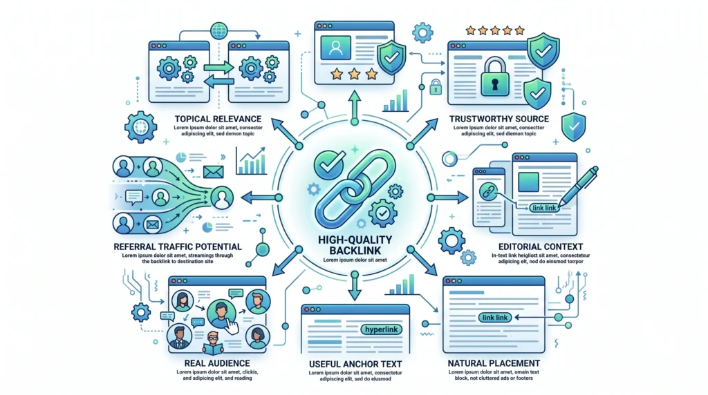 Main factors of a quality backlink including relevance trust context natural placement and user value