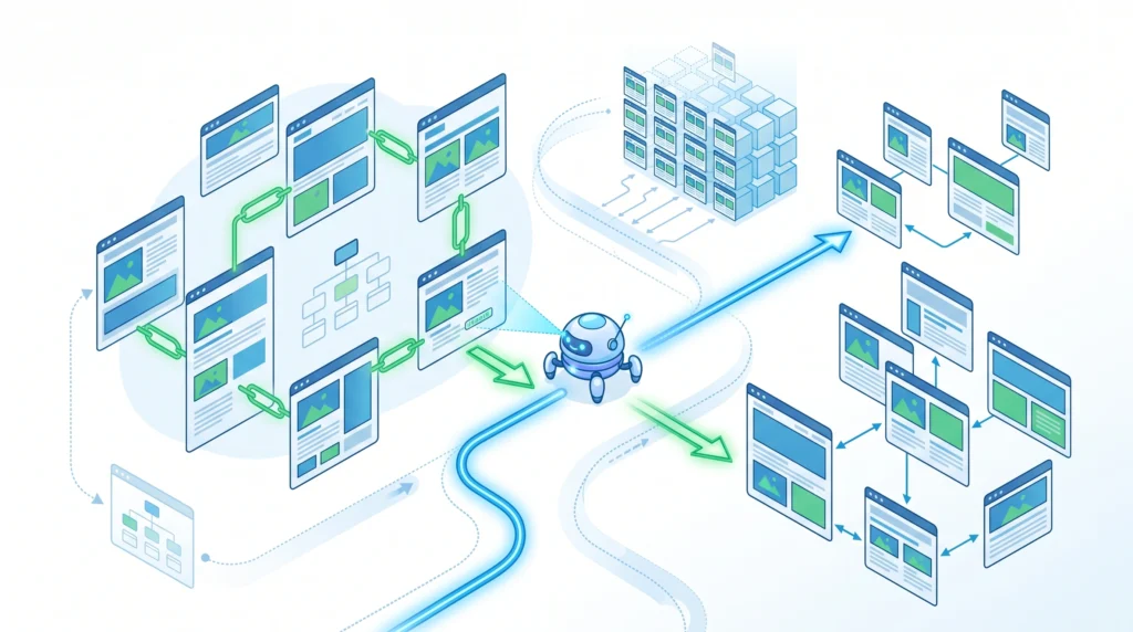 Search engine crawler discovering webpages through links
