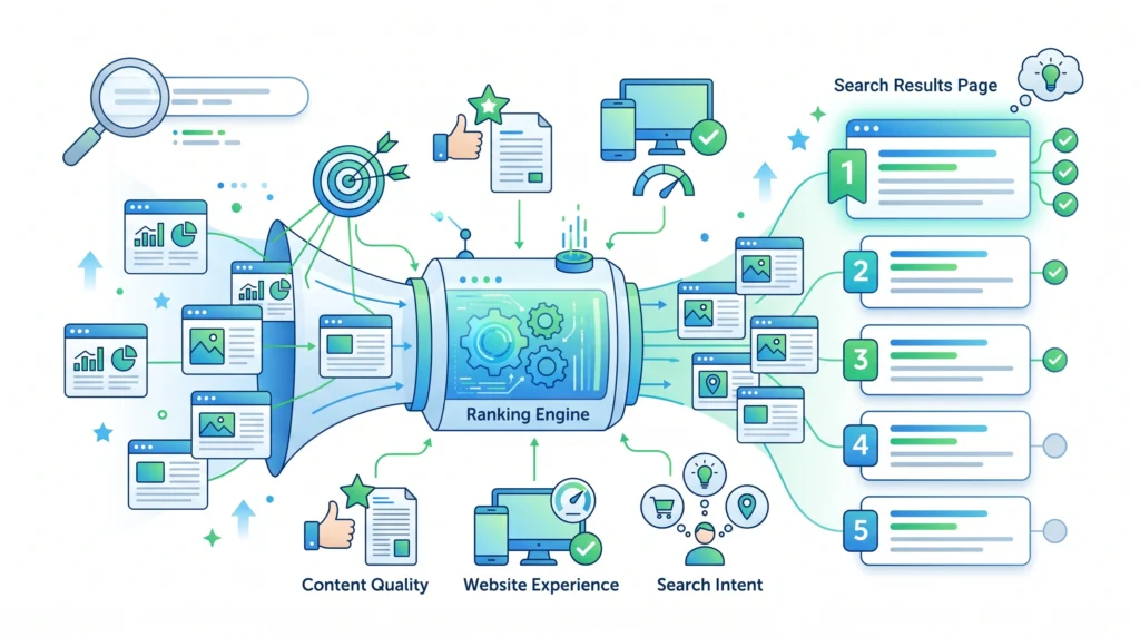 Search engine ranking showing relevant webpages ordered for a user query