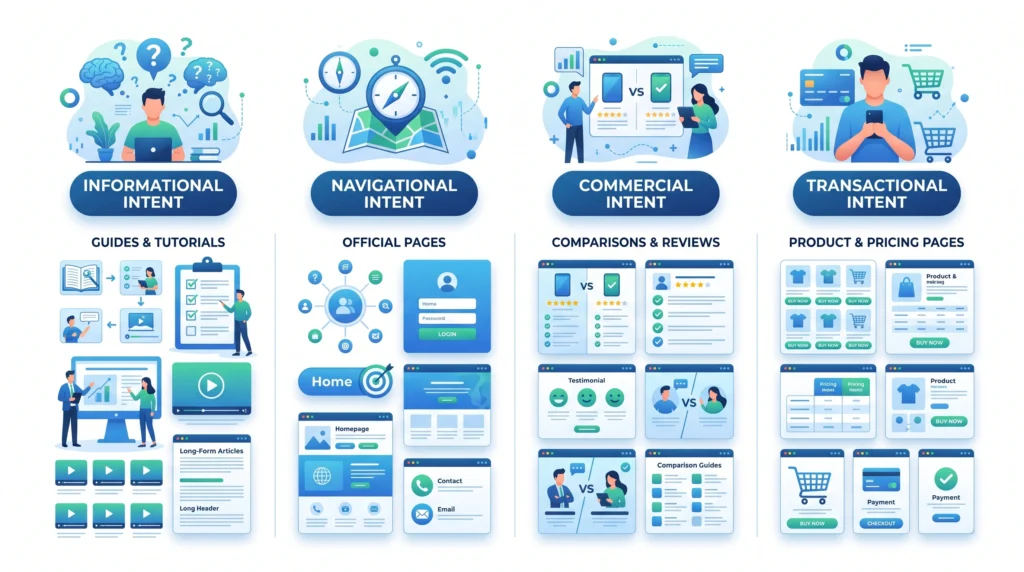 Search intent matched with SEO content formats such as guides comparisons product pages and tutorials
