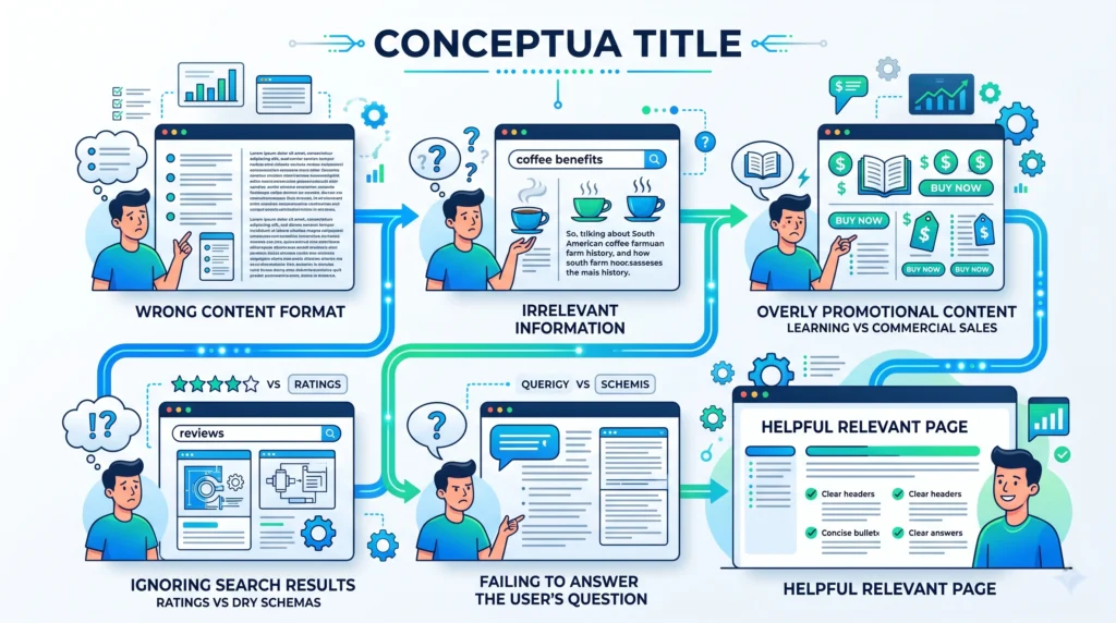 Common search intent mistakes including irrelevant content wrong page type and poor user experience