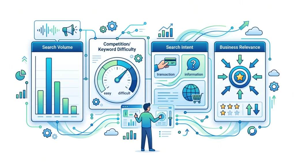 Keyword research showing the balance between search volume competition and relevance