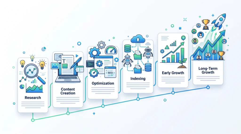 SEO growth timeline showing gradual improvement in search visibility and organic traffic