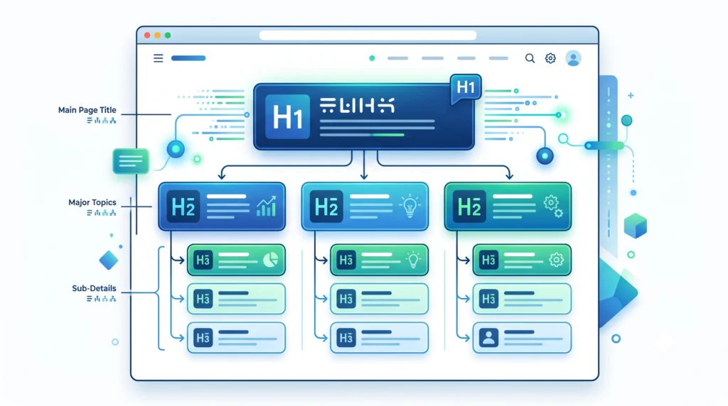 SEO heading structure showing H1 H2 and H3 content hierarchy