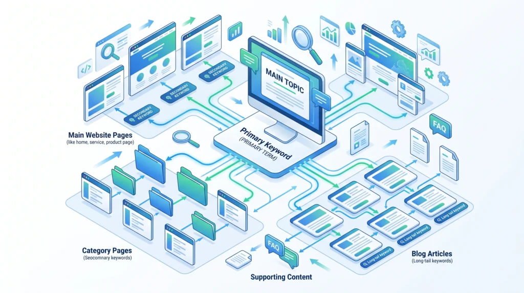 SEO keyword mapping connecting keywords to website pages and content topics