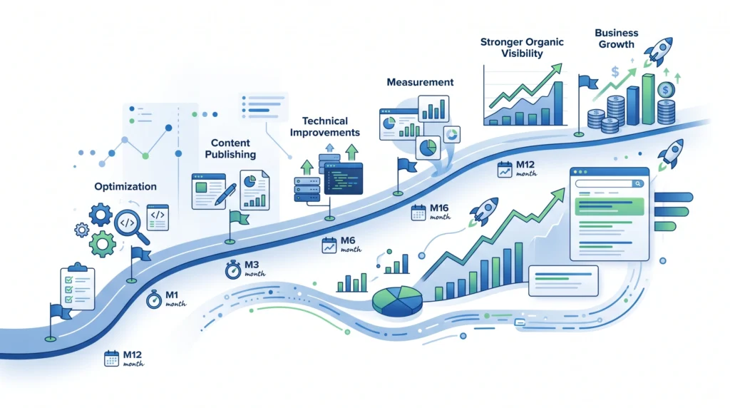 Long-term SEO growth showing consistent optimization and increasing organic visibility