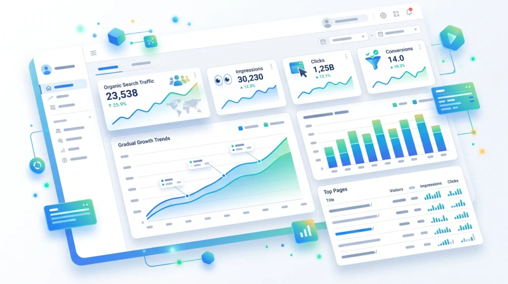 SEO performance dashboard showing organic traffic visibility conversions and growth