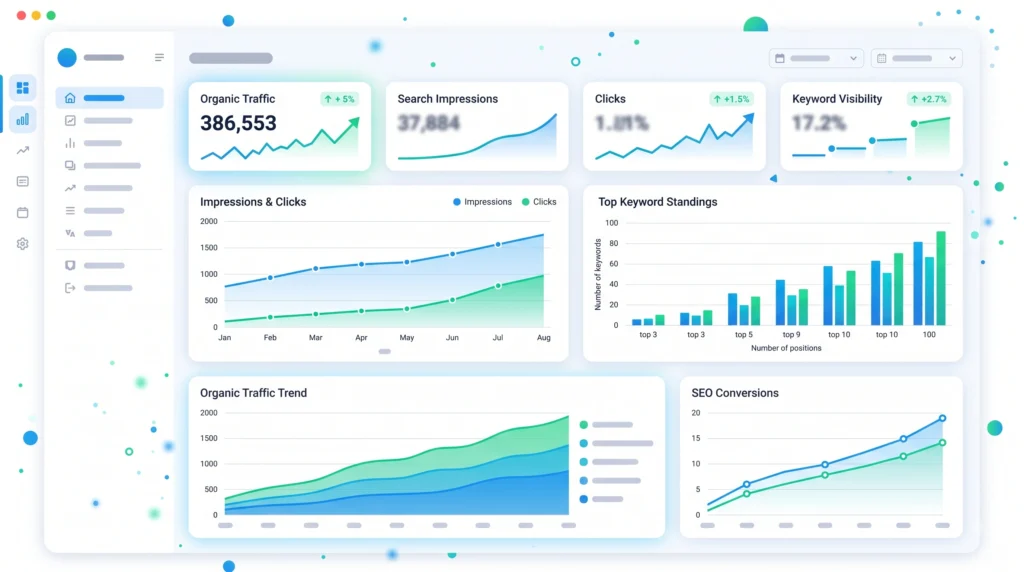 SEO progress metrics showing impressions clicks rankings traffic and conversions
