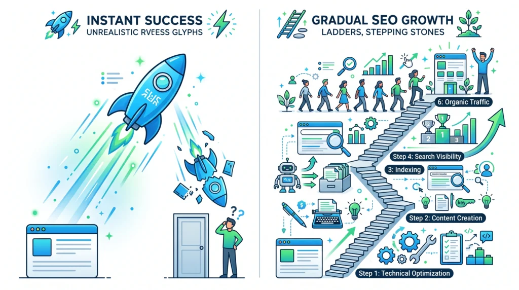 SEO takes time showing gradual website visibility and organic traffic growth