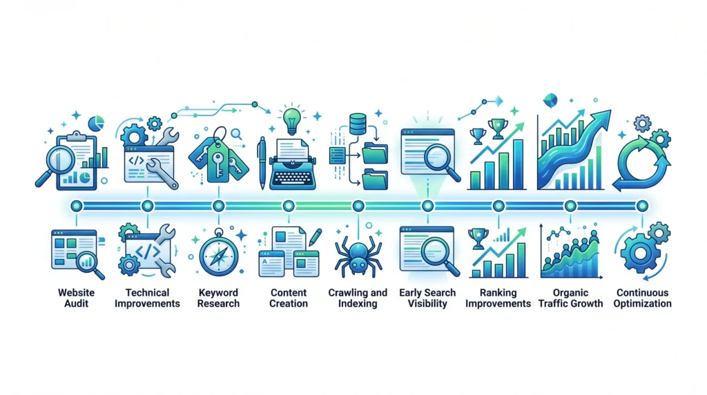 SEO timeline showing website optimization content indexing rankings and traffic growth