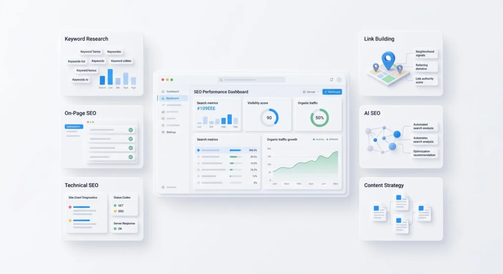 SEO services strategy dashboard showing search optimization and growth