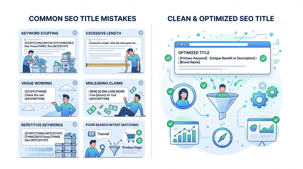 Common SEO title mistakes including keyword stuffing and misleading titles