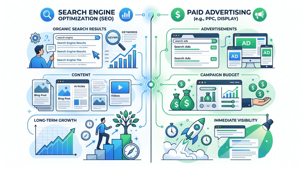 Comparison of SEO organic search visibility and paid advertising