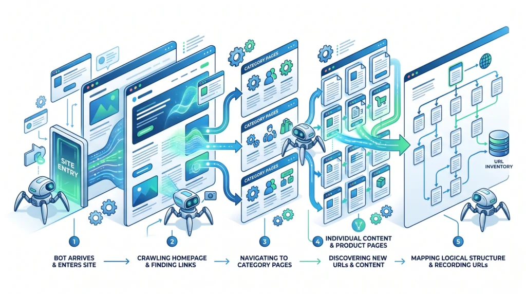 Search engine crawling process discovering and following website pages