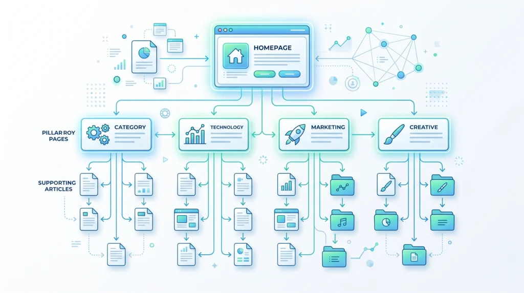 Technical SEO site architecture showing a logical hierarchy of connected webpages