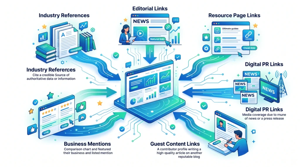 Different types of backlinks including editorial resource guest content and digital PR links