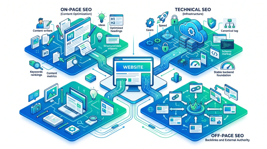 Main types of SEO including on-page technical and off-page SEO